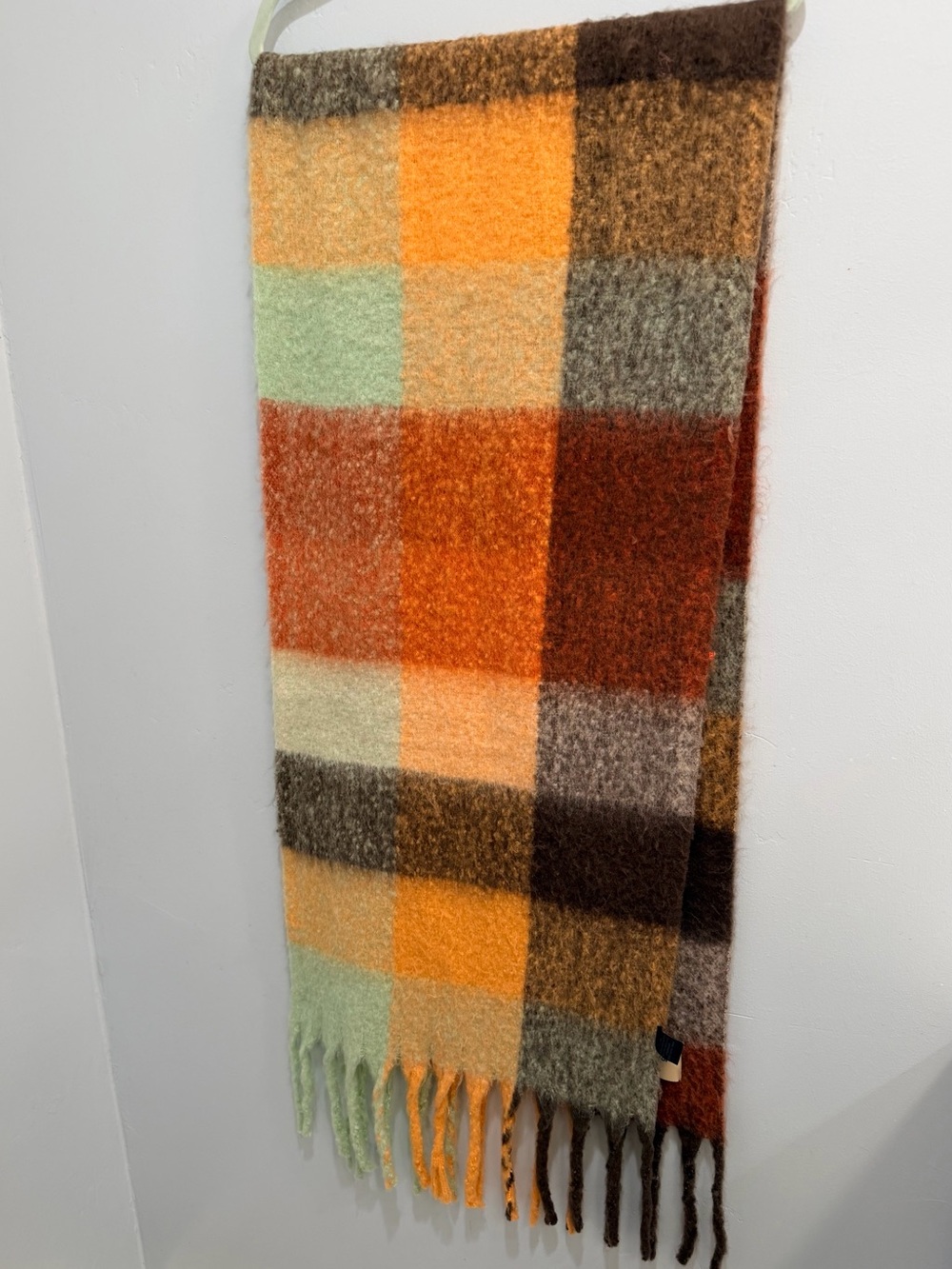 Steve Madden Multicolor Plaid Oversized Fringe Scarf Wrap Orange Brown Mint Boho - Picture 5 of 9
